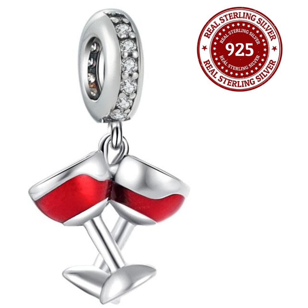 S925 Sterling Silver "Double Red Wine Glasses" Dangling Charm for Charm Bracelet